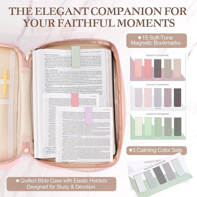 Durable and Protective Bible Cover Case for Women,Portable Bible Carrier Organizer Bag with Zipper,Christian Gift for Women,Includes 15 Magnetic Bookmarks,Great for Church,Travel or Daily Use, Pink
