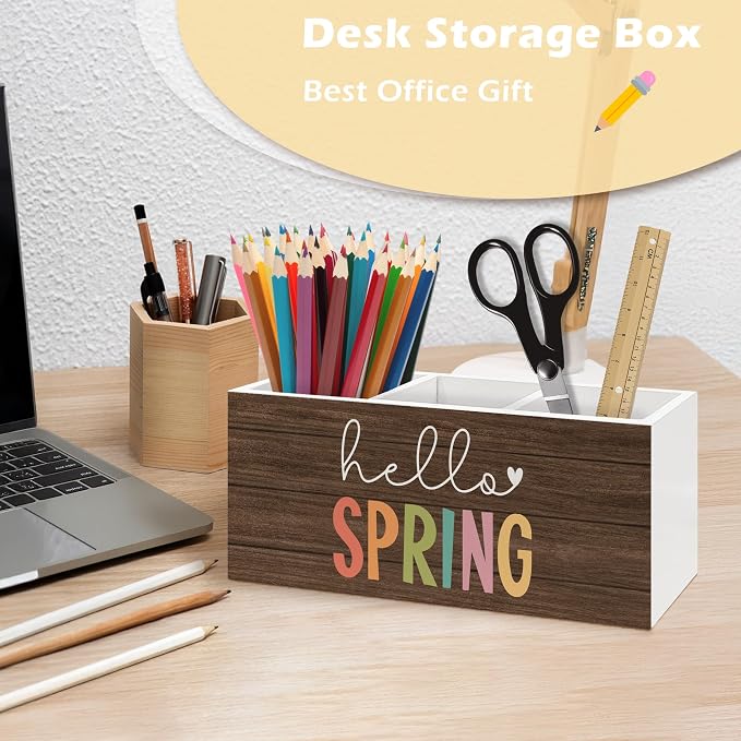Hello Spring Decor Pen Holder Organizer, Spring Seasonal Desk Decor, Rustic Farmhouse Wooden Pen Pencil Holders for Home Room Office Garden Desk Accessories