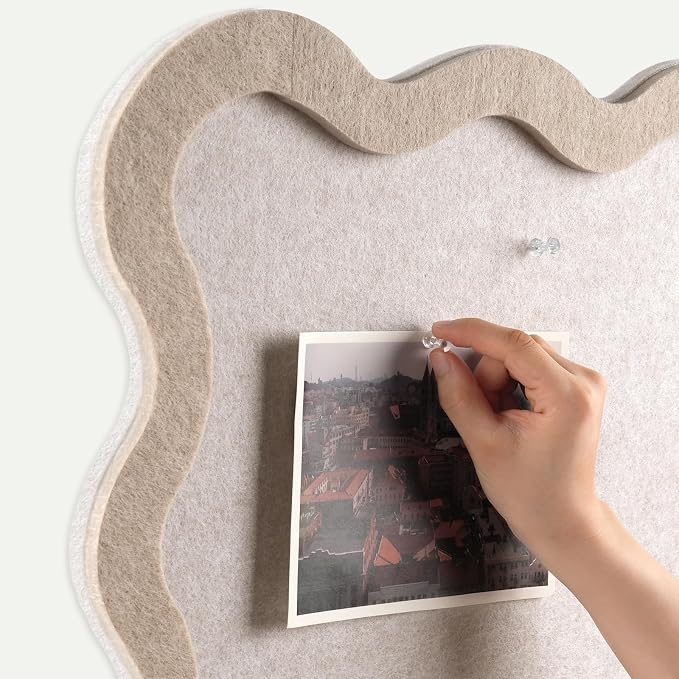 Scalloped Felt Bulletin Board, Sized 36" x 24" Felt Cork Board Alternative for Office & Wall Decor, Customizable Adhesive Tiles with Pins Hooks for Photo Display School Home Office, Oatmeal