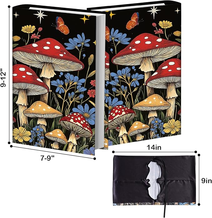 Anseal 1 Pack Mushroom Pattern Stretchable Book Sleeve Cover for Hardcovers Textbooks up to 9" x 12", Washable Reusable Book Protector with 2 Labels