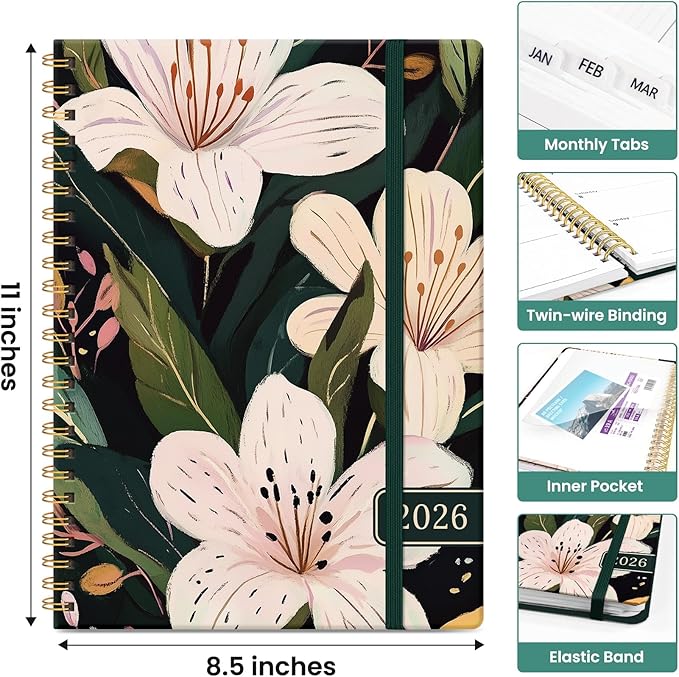 2026 Planner, Weekly and Monthly Calendar Planner for Women, Jan 2026 - Dec 2026, Hardcover Planning Agenda book with Tabs, Spiral Bound, Inner Pocket, Perfect for School Office Supplies, 8.5" x 11" - Soft Lily