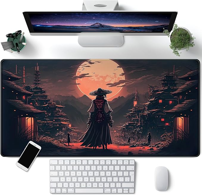 Japanese Landscape Desk Mat Post Moonlight Samurai Mouse Pad Large Dark Aesthetic Desk Pad Gaming Mousepad Extended XXL 31.5 x 15.7 in Laptop Computer Mouse Keyboard Mat