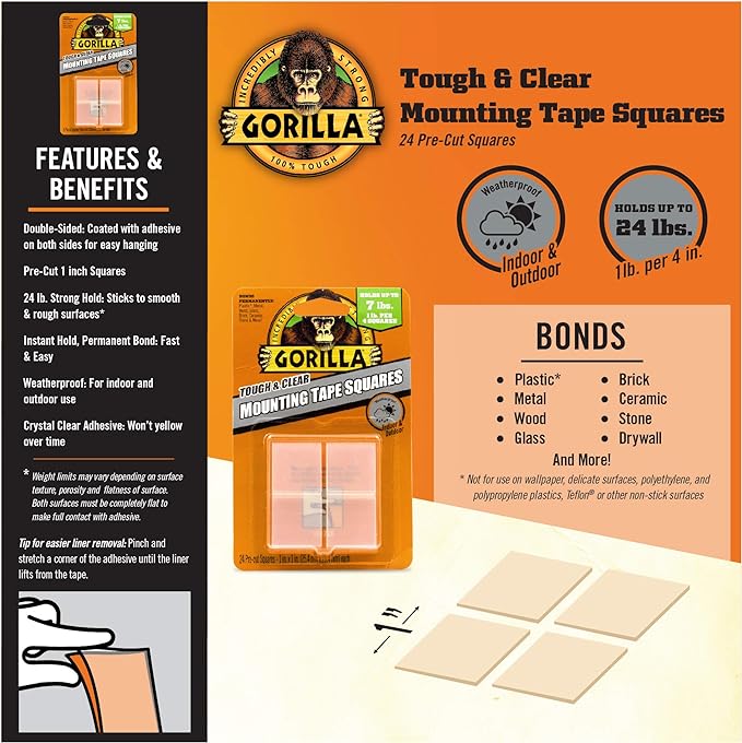 Gorilla Tough & Clear Double Sided Tape Squares, 24 1" Pre-Cut Mounting Squares, Clear, (Pack of 2)
