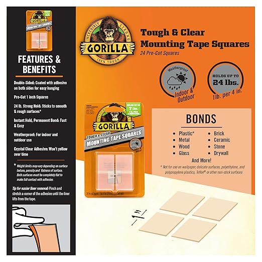 Gorilla Heavy Duty, Extra Long Double Sided Mounting Tape, 1" x 120", Black, (Pack of 2) & Tough & Clear Double Sided Tape Squares, 24 1" Pre-Cut Mounting Squares, Clear, (Pack of 1)