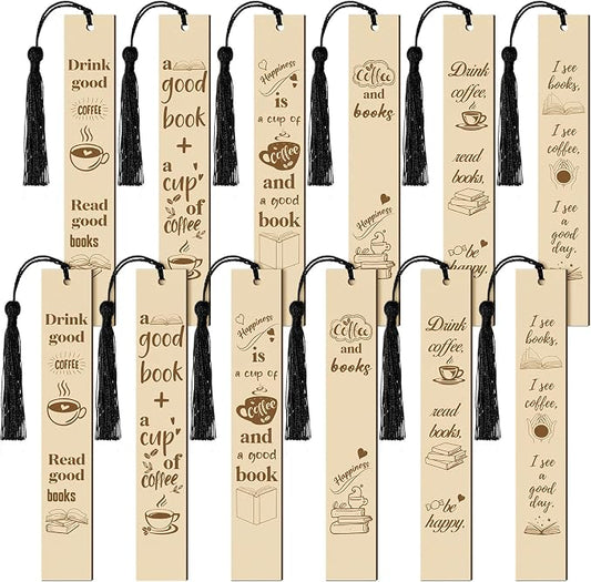 Colarr 12 Pcs Wood Bookmarks for Woman Book Club Gift for Book Worms Books Lovers Bookmarks Bulk with Tassels for Reading Party Favors Books Exchange Club Men & Women Friends(Coffee)