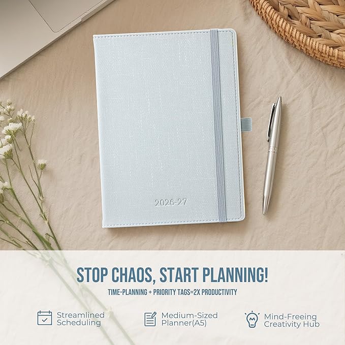 Planner 2026-2027 Weekly & Monthly Planner, 18 Month Academic Calendar July 2026 – Dec 2027, Horizontal Layout with Monthly Tabs, Textured Fabric Hardcover, Pale Ice Blue
