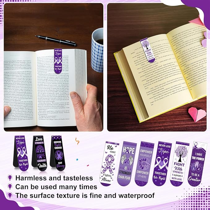 48 Pcs Purple Ribbon Cancer Awareness Magnetic Bookmarks Domestic Violence Pancreatic Cancer Alzheimer's Awareness World Suicide Prevention Book Marks for Society Events Funeral Memorial