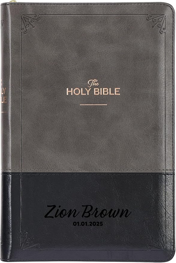 Personalized KJV Deluxe Standard Print King James Version Faux Leather Holy Bible with Thumb Index and Zippered Closure, Custom Name Includes Up to 3 Rows of Text with Red Letter Edition