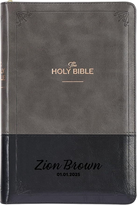 Personalized KJV Deluxe Standard Print King James Version Faux Leather Holy Bible with Thumb Index and Zippered Closure, Custom Name Includes Up to 3 Rows of Text with Red Letter Edition