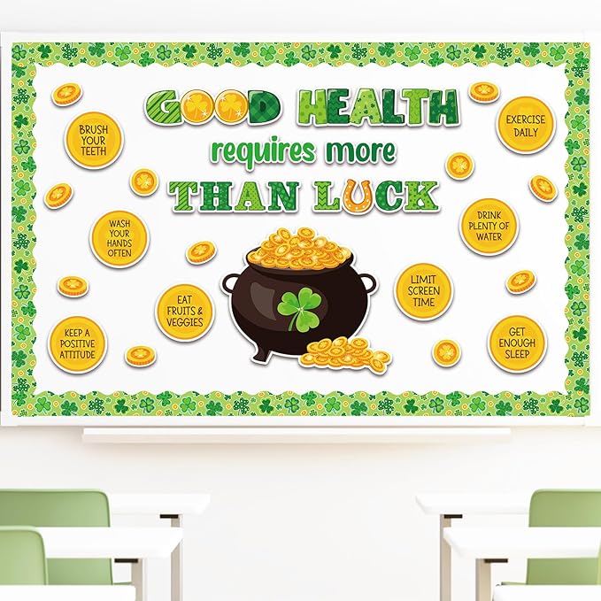 JarThenaAMCS St. Patrick's Day Health Bulletin Board Set Lucky Shamrock Classroom Decorations Clover Gold Coin Paper Cutouts for Irish Party Supplies School Classroom Chalkboard Wall Decor