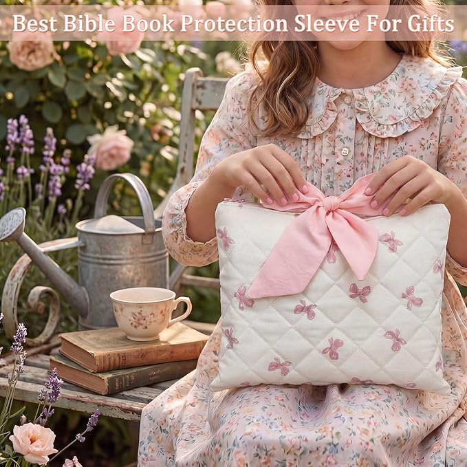 Honoson Quilted Bow Bible Sleeve Cover Case Padded Protector Washable Bible Bag Pouch Christian Gift for Women Girls Book Lover Gifts(Pink Bow)