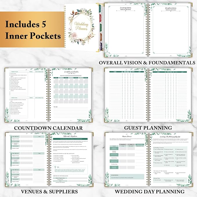 Wedding Planner & Organizer - Wedding Planner Book and Organizer for the Bride, Wedding Planning Book with 5 Tabbed Sections, 9" x 11.9", Hardcover with Metal Corner + 5 Inner Pockets + Elastic Closure - Romantic Floral