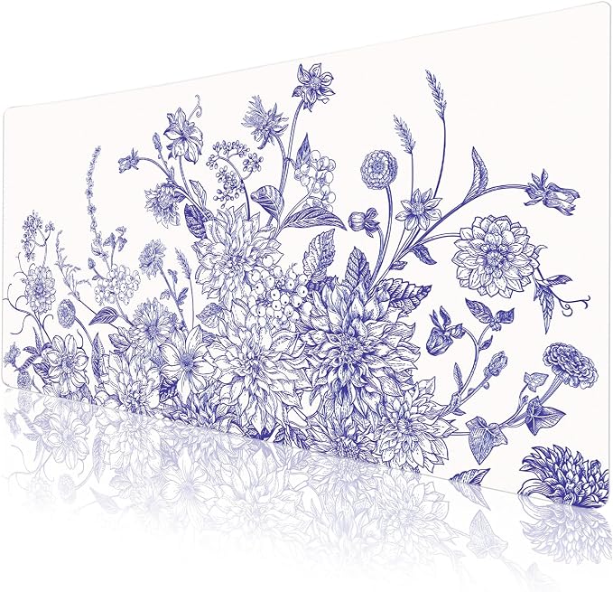Colorful Star Large Mouse Pad, Floral Desk Mat Office Supplies, Waterproof Faux Leather Big Gaming Mousepad for Women Girls, Vintage Blue Flowers Desk Pad Home Office Décor Accessories 31.5" x 15.7"