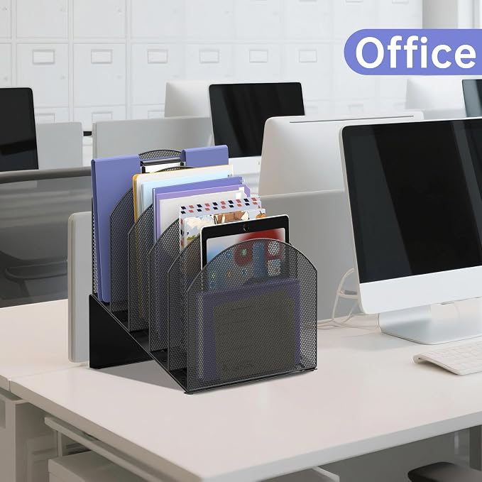 5-Section Desk File Organizer, Vertical File Organizer for Desk, Mesh Mail Holder for Letter Size Folders, Black