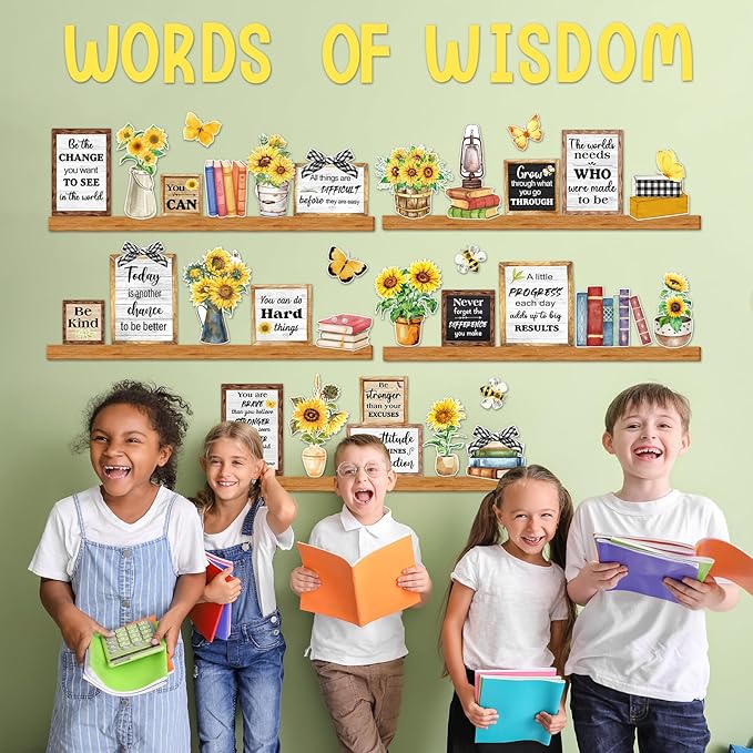 Sunflower Words of Wisdom Bulletin Board Classroom Decoration Spring Sunflower Paper Cutouts Plants Motivational Door Wall Stickers for Classroom Wall Window Educational Learning Activities