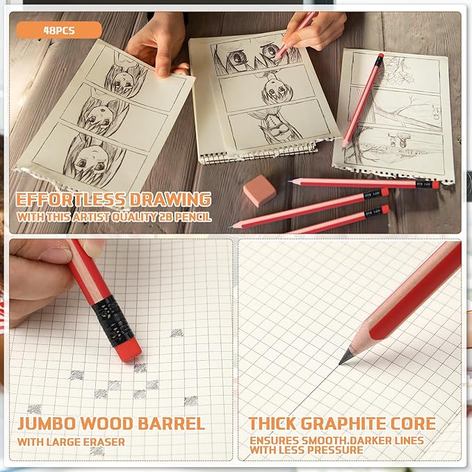 Seajan 48 Pcs 2b Jumbo Pencils, Big, Fat, Thick, Triangular Grip 7 Inch Large Pencils Refill with Eraser for Beginners Office Christmas Gifts(Red)