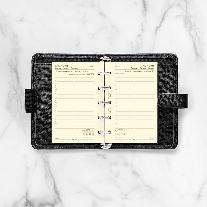 Filofax Calendar Diary Refill, Mini Size, Day on One Page with Appointments, Ruled, Cotton Cream Paper, Multilingual: Four Languages, 2025 (C68142-25)