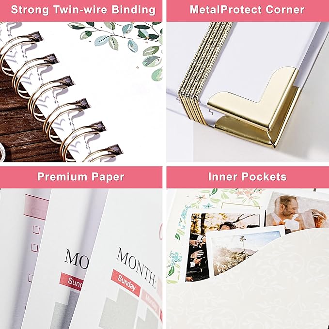 Wedding Planner Book and Organizer - The Wedding Planner for Bride with 5 Tabbed Sections, 6.5" x 8.5", Hardcover with Metal Corner + 5 Inner Pocket + Sticker + Notes Pages