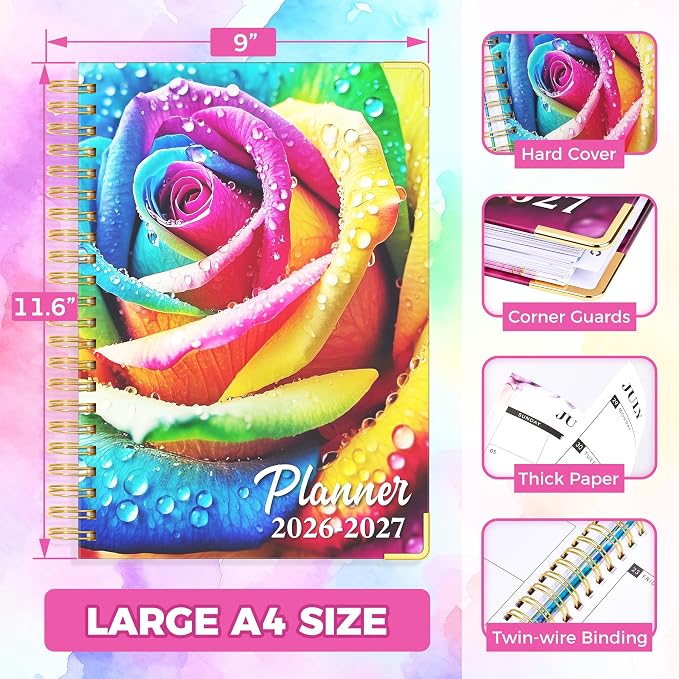 Planner 2026-2027, 18 Month Weekly and Monthly Academic Planner, July. 2026 - Dec. 2027, 9" x 11.6" A4 Large Hardcover Calendar Planner with Page Tabs, Separator Page, Inner Pocket, Bookmark, Stickers, Sticky Note Set