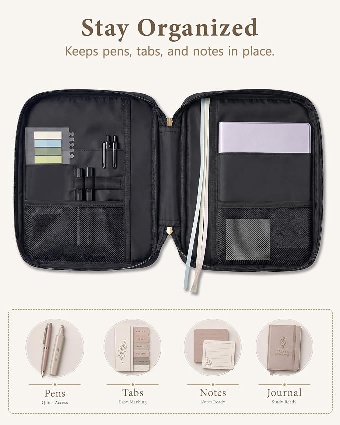Wuflyover Bible Bag for Women with Study Set, Quilted Bible Cover Case with Handle, Bible Carrying Case for Church, Tabs, Notes, Pens and Highlighters, (Black+Study Accessories)