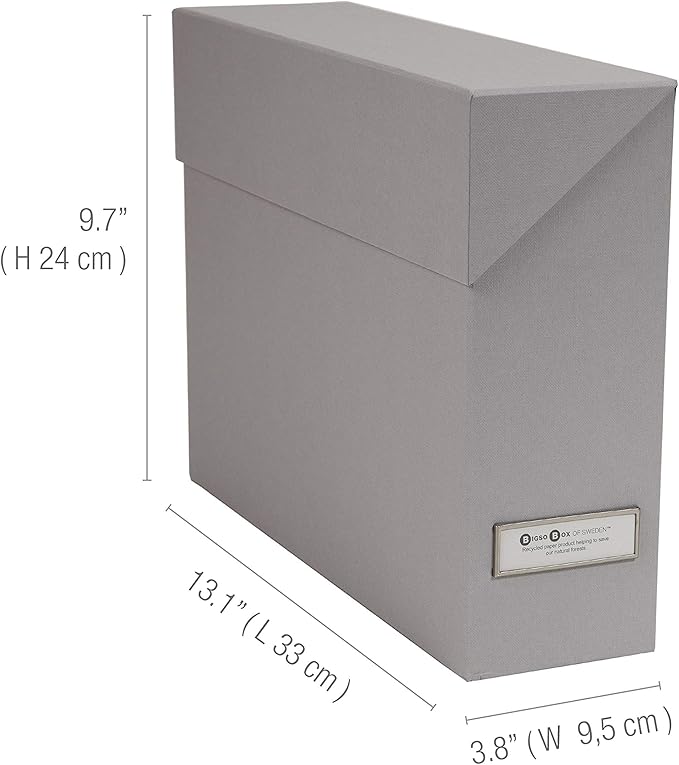Bigso Lovisa Fiberboard Label Frame 12 File Storage Box - Document Organizer for Important Paperwork - Durable Hanging File Box with a Flip Top Lid & Metal Label Window - 3.7 in x 13 in x 9.4in - Grey