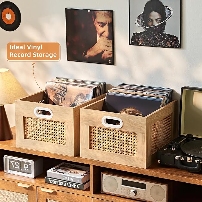 LELELINKY 2 Pack Vinyl Record Storage Crates, Rattan Vinyl Record Holder with Handle, Natural Wood Record Crate for Vinyls Holder up to 75 LP's, Desktop Cube Album Storage for Vinyls Records