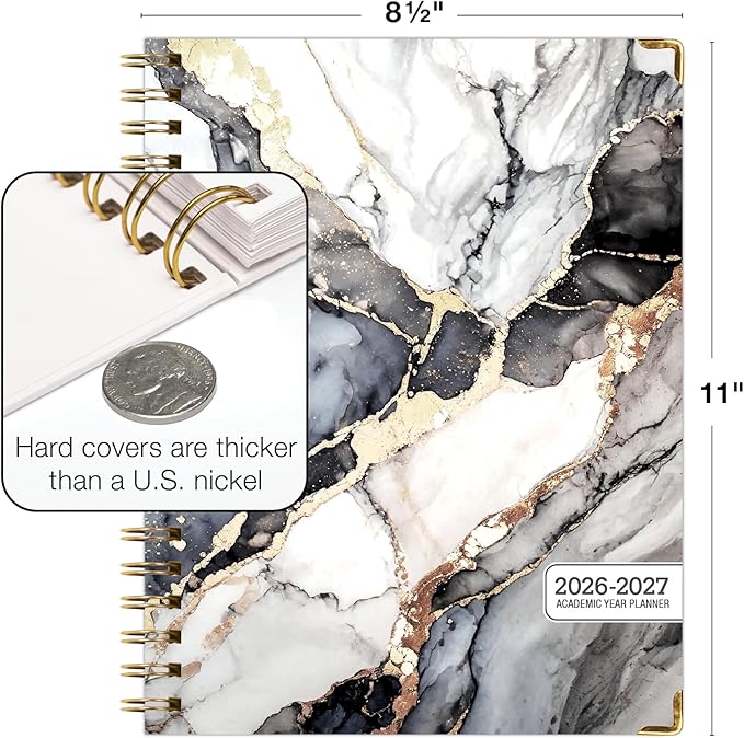HARDCOVER Academic Year 2026-2027 Planner: 14 Months (May 2026 Through June 2027) 8.5"x 11" Daily Weekly Monthly Planner Yearly Agenda. Bookmark, Pocket Folder and Sticky Note Set (Black Gold Marble)