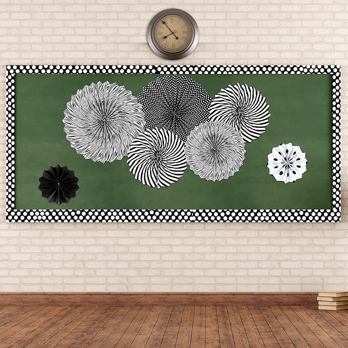 Tenare 8 Pcs Christmas Black and White Polka Dot Bulletin Board Border 10.9 Yard 6 Pcs Hanging Paper Fans 3.5 Yard Pennant Banner Flag for Classroom Home School Christmas Decor
