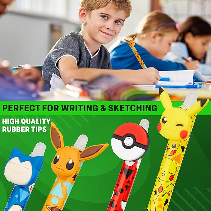 Pokemon Erasable Pens Set with 0.6mm Tip for Kids, Retractable Ballpoint Pens with 3D Toppers for School Drawing Writing Pikachu Anime Gifts for Kids (Multi Pikachu & Eevee)