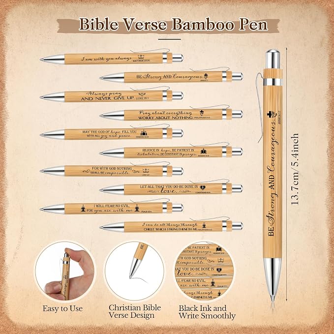 Gueevin 30 Sets Christian Party Favors Gift Bulk Church Father's Day Sunday School Teacher Graduation Bible Verse Bamboo Pen Prayer Religious Bookmarks Scripture Silicone Keychain (Inspirational)