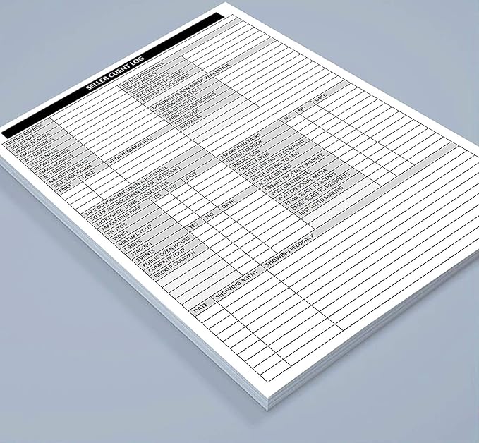 Real Estate Agent Supplies - Home Seller Client Log to include in Listing File Folders. Realtor Log to Track Seller Needs, Home Showings & Agent Activity. 50 Page Notepad. 8.5 X 11. Made in the USA