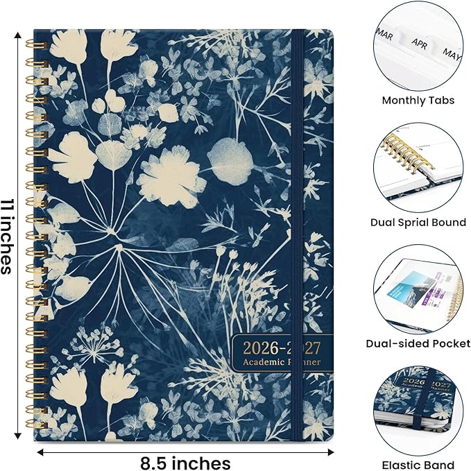 Planner 2026-2027, Monthly and Weekly Academic Planner July 2026 - June 2027, Hardcover Student Teacher Planning Agenda Calendar Book with Tabs, Perfect for Office School Supplies, A4 (8.5" x 11") - Rustic Bloom