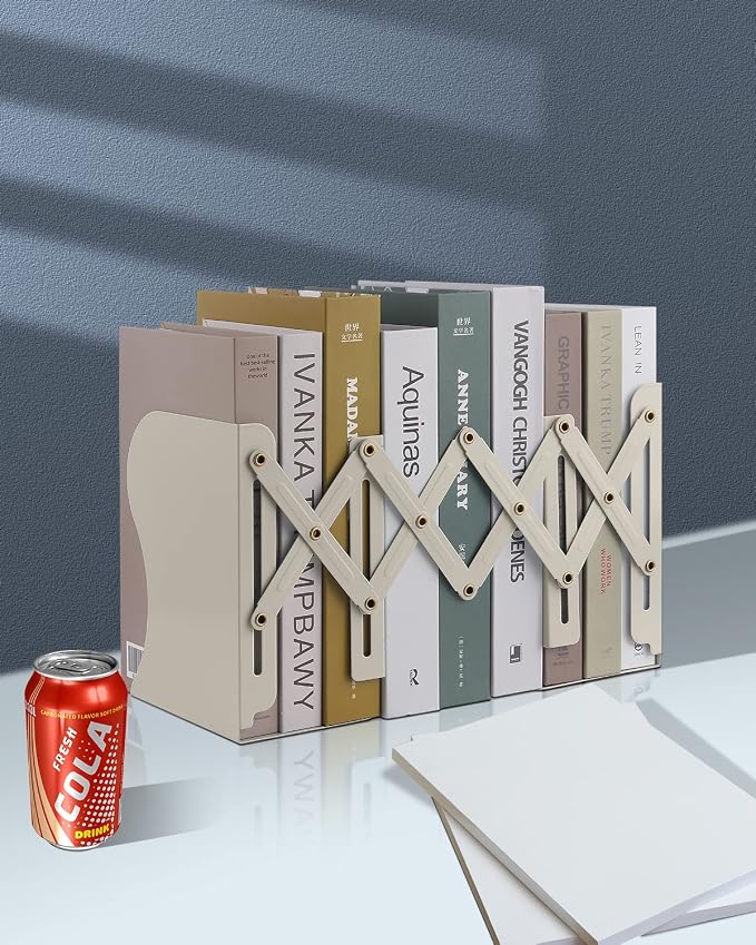 MSDADA Adjustable Bookends, Book Ends for Heavy Books, Expandable Book Organizer for Desk, Shelf, Office, School, for 6 7 8 9 10 11-15 Boys and Girls, Extends up to 19 inches (Beige)