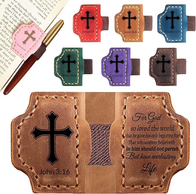 Personalized Leather Bookmark with Pen Holder - Magnetic Bible Verse Design, Christian Book Lovers Reading Accessory, for Book Lovers Men Women (Brown, John 3:16)