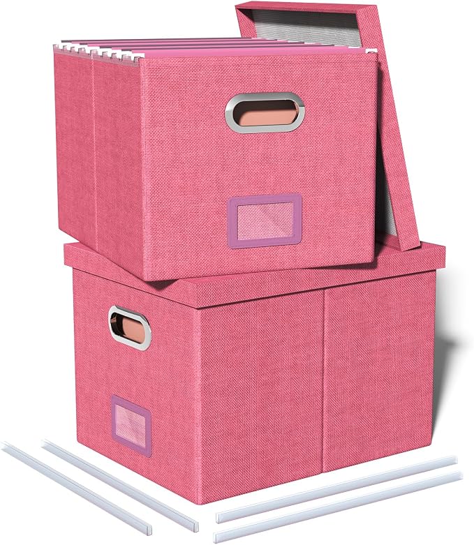 Oterri 2 Pack File Storage Organizer Box,Filing Box,Portable File Box with Lid,Fit for Letter/Legal File Folder Storage,Hot-pink-Box only