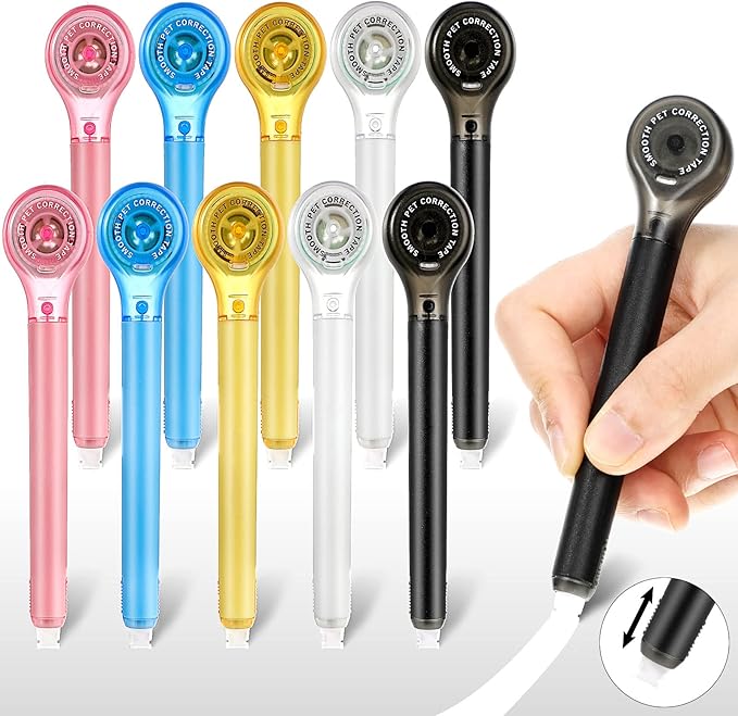 Gersoniel 10 Pack Correction Tape Pen Correctional Ink Tape Push Pull Protective, Easy to Use Applicator for School Office Supplies, 0.2 x 236 Inch (Bright Color)