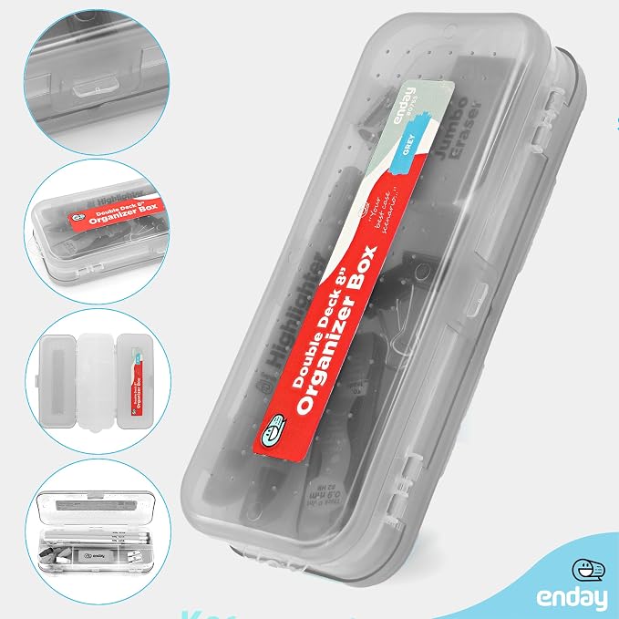 Enday Pencil Box Grey, Plastic Double Deck Pencil Case with 7 Compartments, Box Organizer with Snap Closure for Home and Office