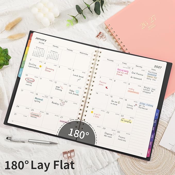 EMSHOI Academic Planner 2026-2027, Large A4 8.5x11, Weekly and Monthly Calendar (July 2026-June 2027), School Student Teacher Agenda Book, 100GSM Thick Paper, PVC Cover, Colorful Tabs, Black