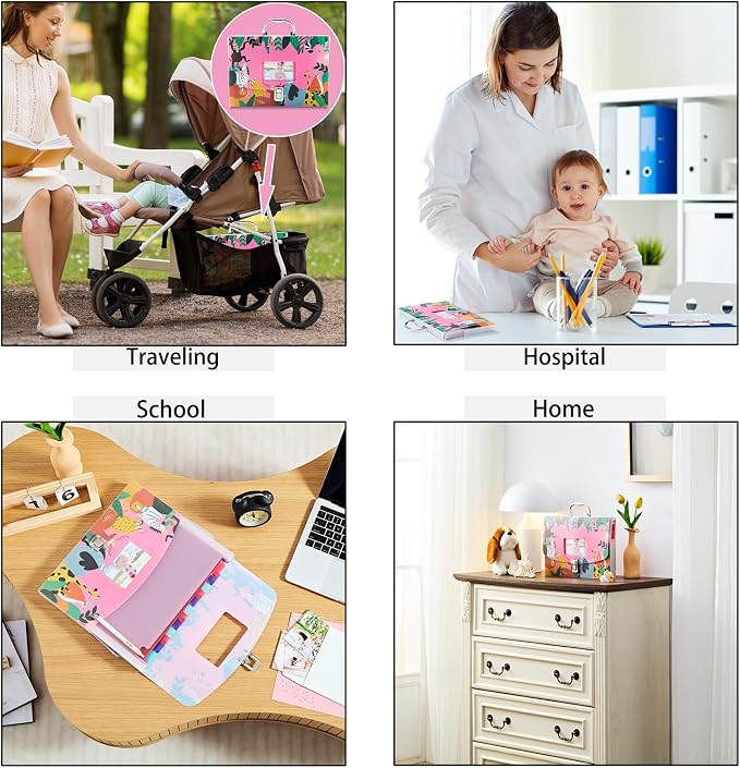 12 Pockets Baby File Organizer for Boy or Girl, Our Baby Paperwork Organizer with Silver Metal Handle, Lock, Pregnancy Documents, Baby Record Folder (Pink)