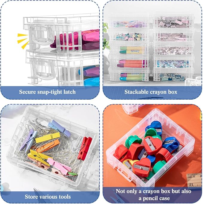 Suzile 70 Pcs Plastic Crayon Box with Lid Clear Crayon Organizer Stackable Storage Containers Bulk Pastel Holder Case for Office School Classroom Supplies Pen Pencil Art Crafts