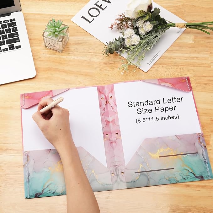 Ddaowanx Plastic Folders with Pockets, 4pcs Decorative Folder Marble Colors, Heavy Duty Plastic Two Pocket File Folders, Fits 3-Ring Binders (4)