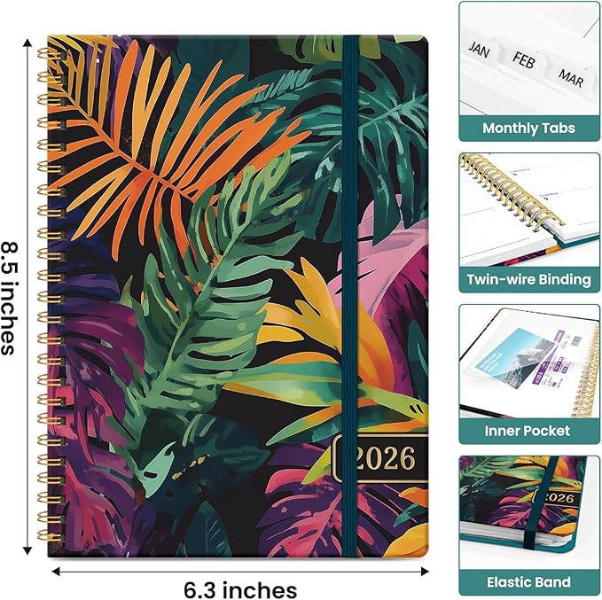 2026 Planner, Weekly and Monthly Calendar Planner for Women, Jan 2026 - Dec 2026, Hardcover Planning Agenda book with Tabs, Spiral Bound, Inner Pocket, Perfect for School Office Supplies, 6.3" x 8.5" - Tropical Palms