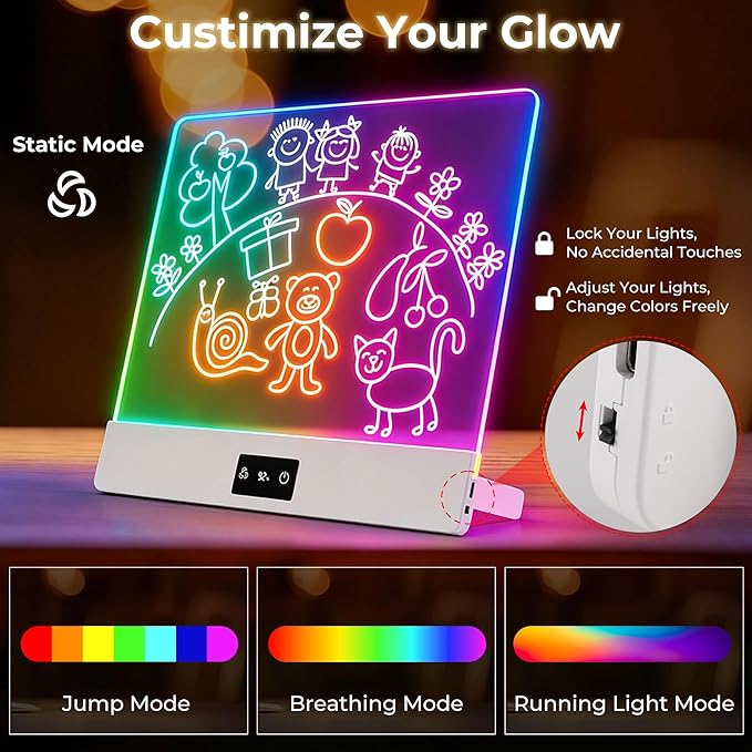 Bawaslom Rechargeable Doodle Glow LED Drawing Board for Kids,11.8"×10.3" Magic Neon Light Up Drawing Tablet,8 Colors & 4 Modes,Built-in Stand Note Board,Creative Toys Gifts for Girls & Boys,White