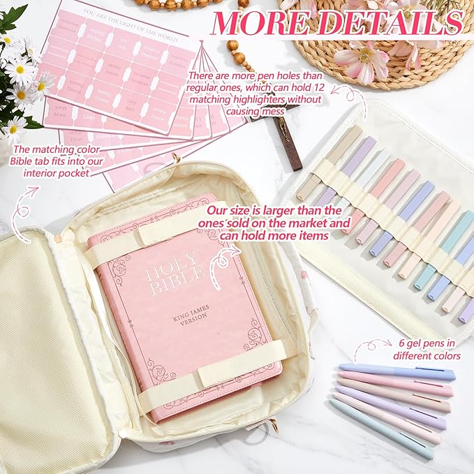 Sinload Quilted Bible Cover Case for Women 12 x 9 x 2.5 Inch Bible Chenille Letter Bag with Shoulder Strap Carrying Tabs 6 Colored Pens 12 Highlighters Christian Church Study Gifts(Pink,Bow)