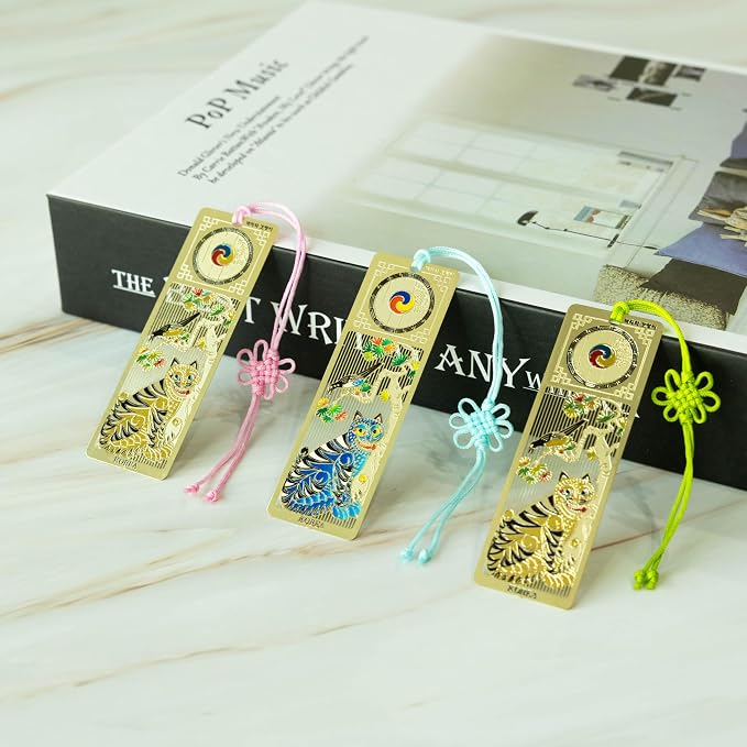 Korean Tiger Bookmark Set 3 Pack with Tassels Blue and Gold Metal Page Holder Reading Accessories for Book Lovers Cute Bible Bookmark Gift 1x3 Inch (Gold Tiger)