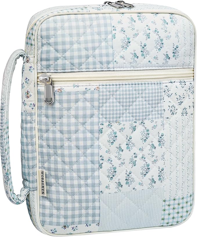 WOBAGMEN Bible Cover Case for Women,Large Bible Tote Bags Organizer Quilted Carrying Case for Girls,Bible Study Supplies Accessories Christian Gifts for Women (greenblue pin, L)