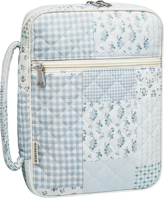 WOBAGMEN Bible Cover Case for Women,Large Bible Tote Bags Organizer Quilted Carrying Case for Girls,Bible Study Supplies Accessories Christian Gifts for Women (greenblue pin, L)