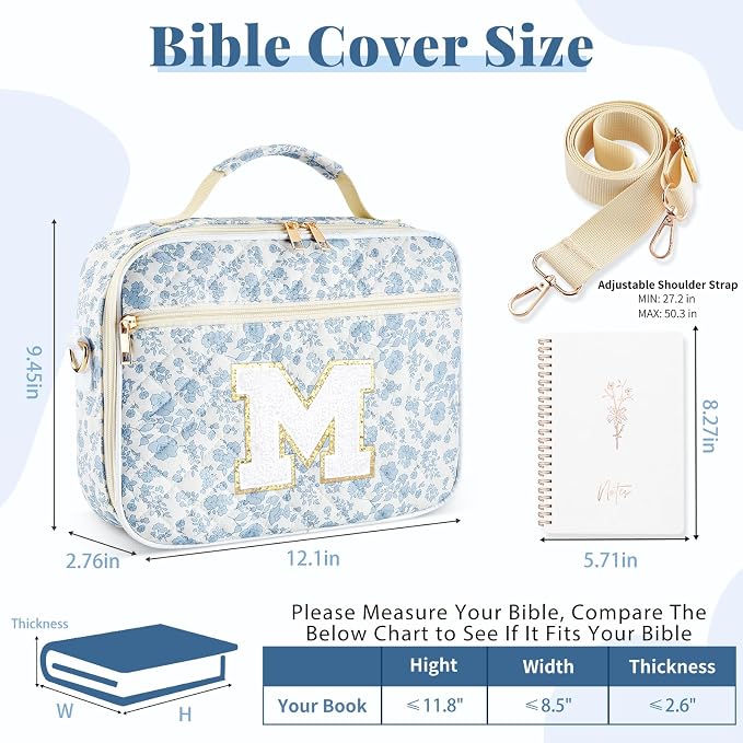 Personalized Initial Bible Cover Case for Women, Large Quilted Bible Bag with Durable Handle, Stylish Church Bag Journaling Kit with Study Supplies Accessories, Christians Gifts for Women (Blue-M)