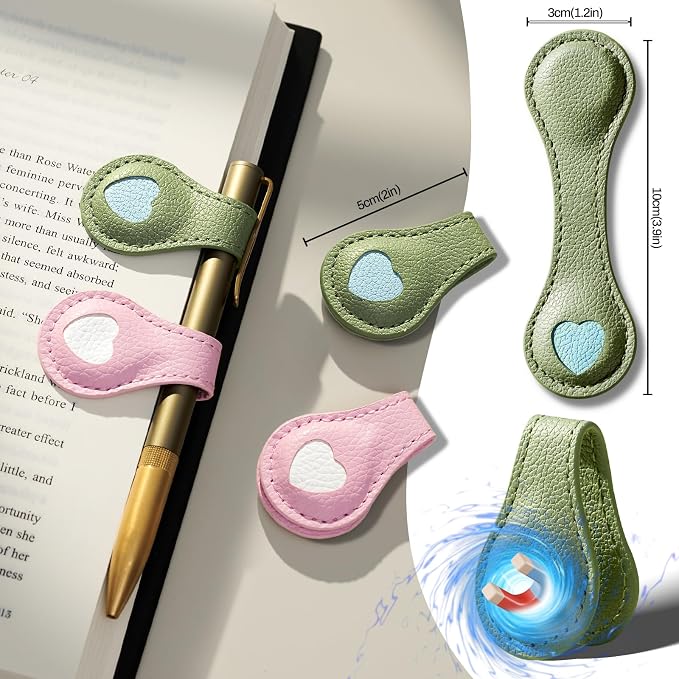 2Pcs Magnetic Leather Bookmarks with Gift Box Magnetic Pen Holder Book Marks Clip Gift for Book Lover Readers Men Women Teachers Students, Heart (Pink+Green)