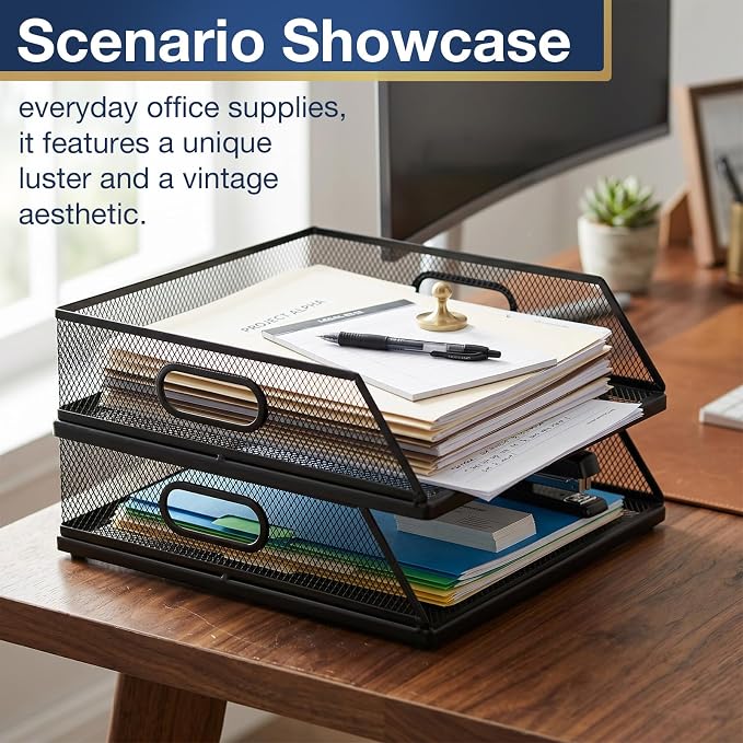 2 Pcs Paper Organizers Metal Mesh Desk Organizer Stackable Desk Tray Single Wire Mesh Organizer Front Load File Paper Holder for Desktop Office Home Classroom School